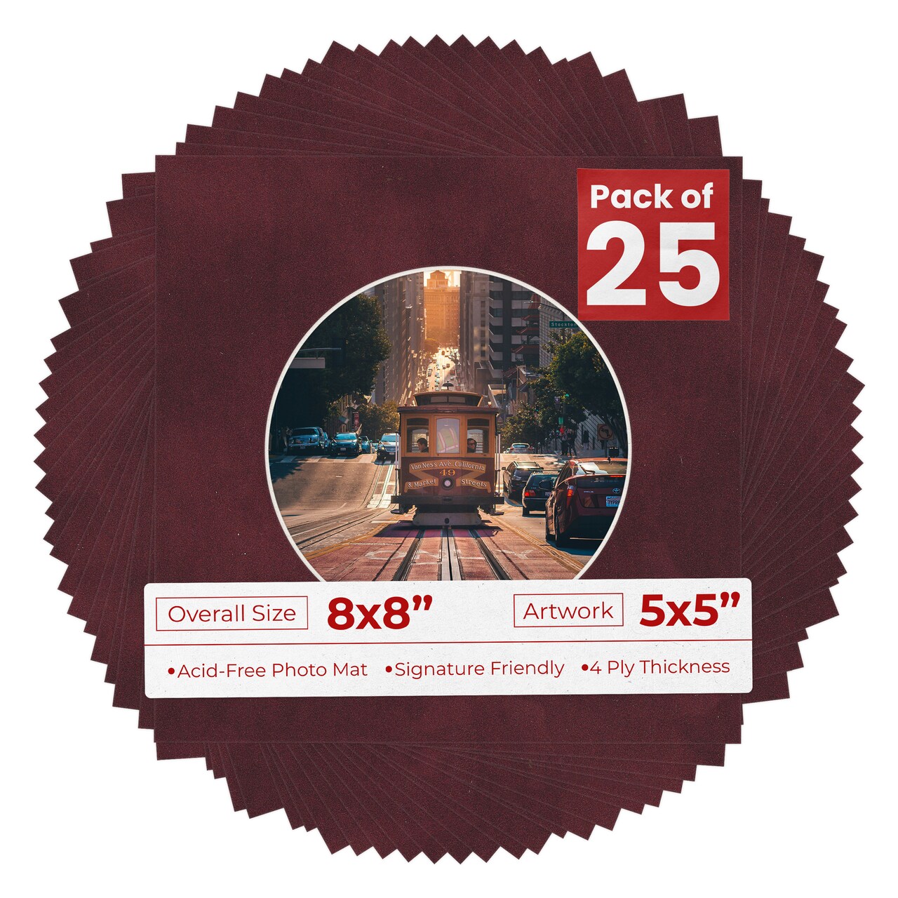 Dark Red Suede Mat Board for 8x8 Frames - Circle Opening for 5x5 Photos
